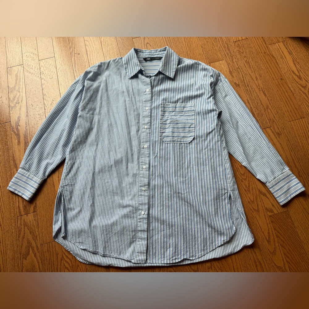Zara blue-striped button-down boyfriend shirt